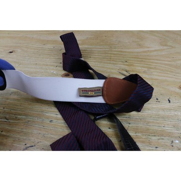 Trafalgar Silk Blue Red Striped Suspenders 1.375" Wide Black Leather Attachments - Picture 8 of 9